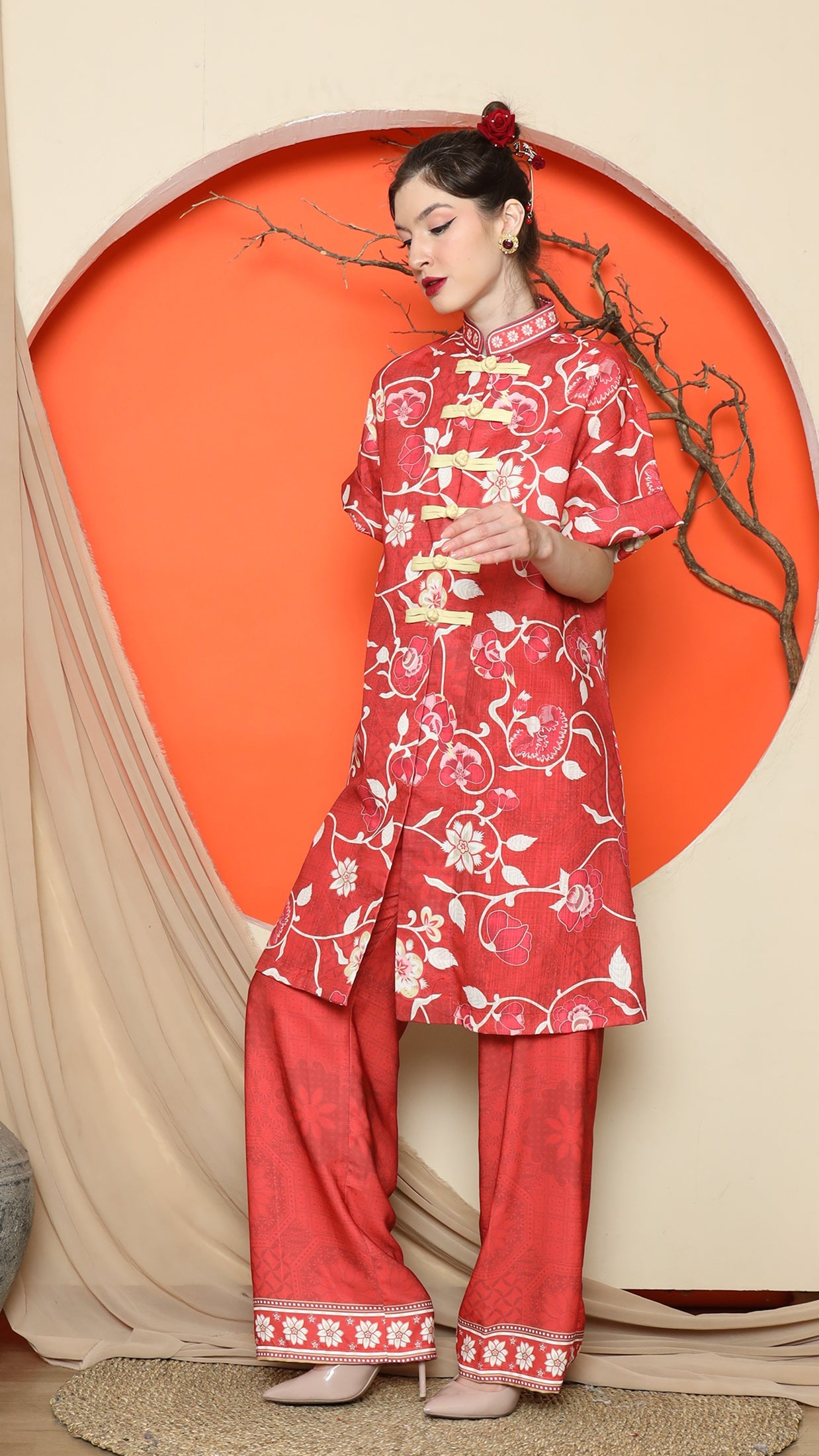 KANZI COLLECTION | Red Floral Cheongsam Pant Set