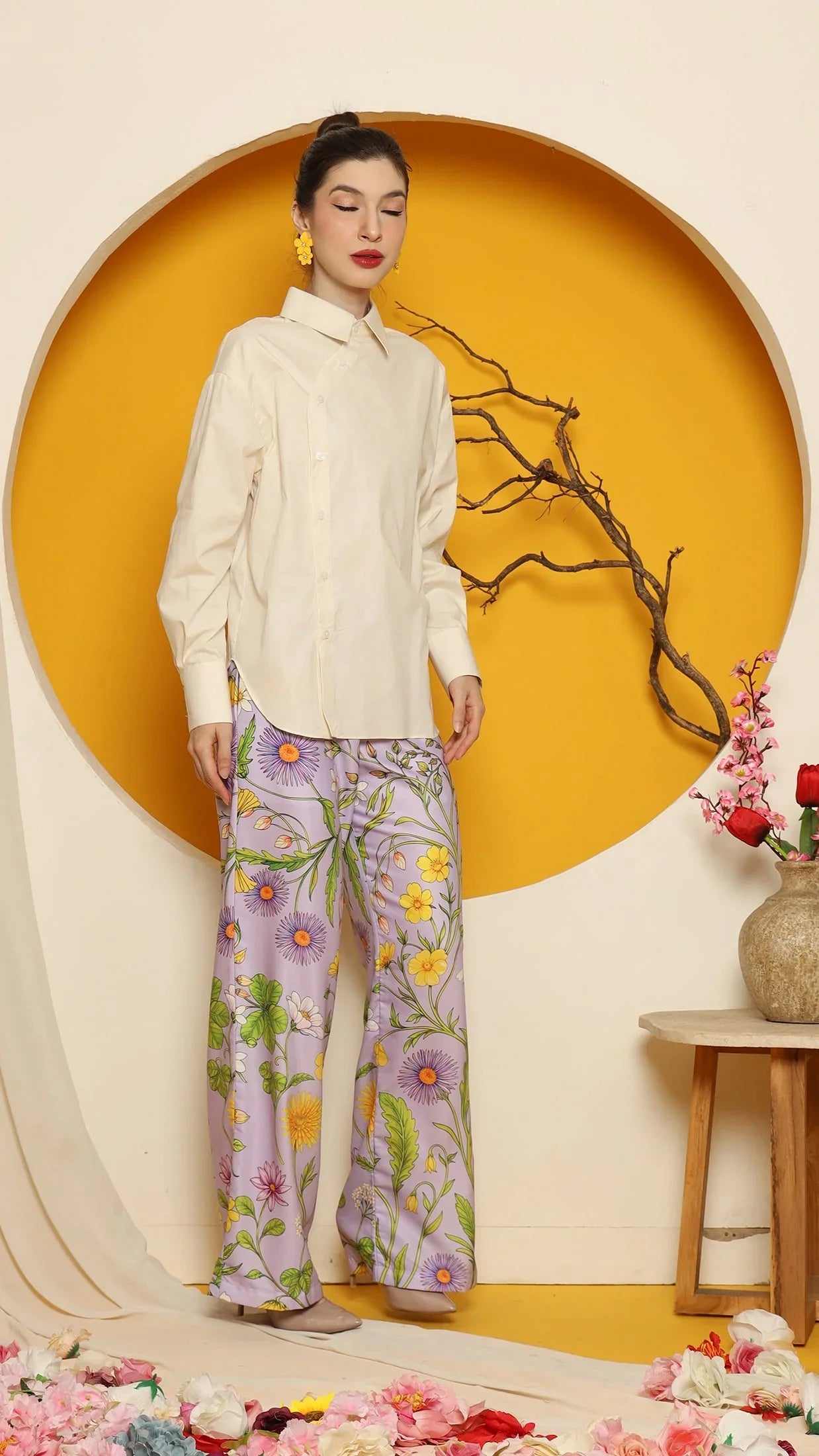 KANZI COLLECTION | Cheongsam Button Shirt With Purple Flower Pants Set