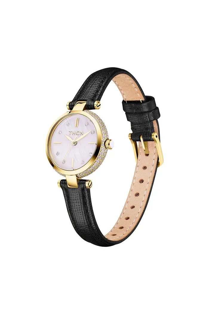 BLACK BY BLUE BRAVE | THCN T· I Mother-of-Pearl Dial Black Leather Strap Watch | Gold