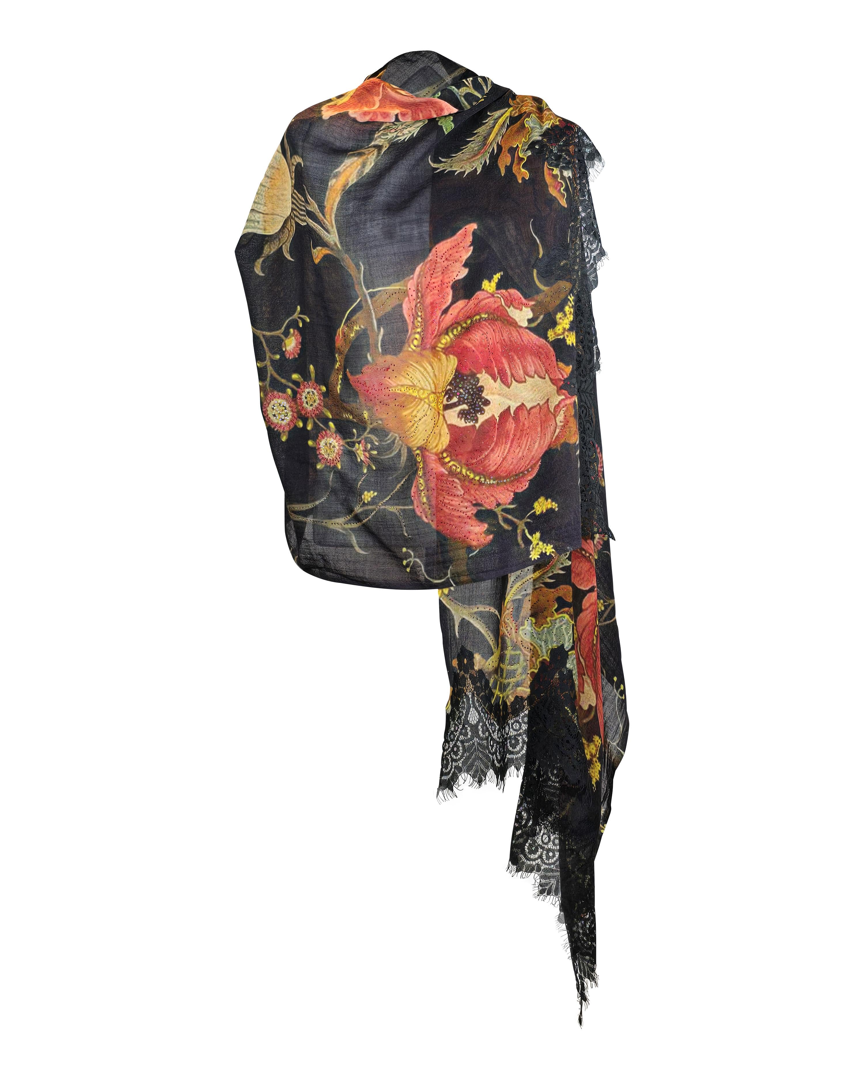 QUEENMARK | AN Printed Shawl 2024 Assorted Black Red Yellow Flower
