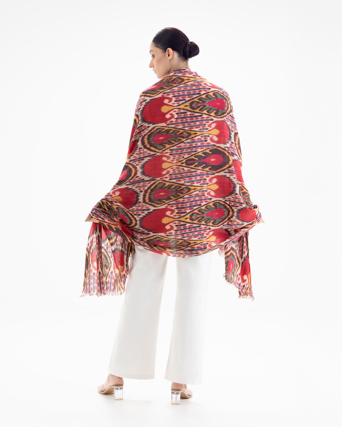 QUEENMARK | AN Patola Ikat Print Red Blue Stripes