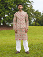 NIMBU | Kamal Beige & Gold Men Kurta Pajama with Jacket Set