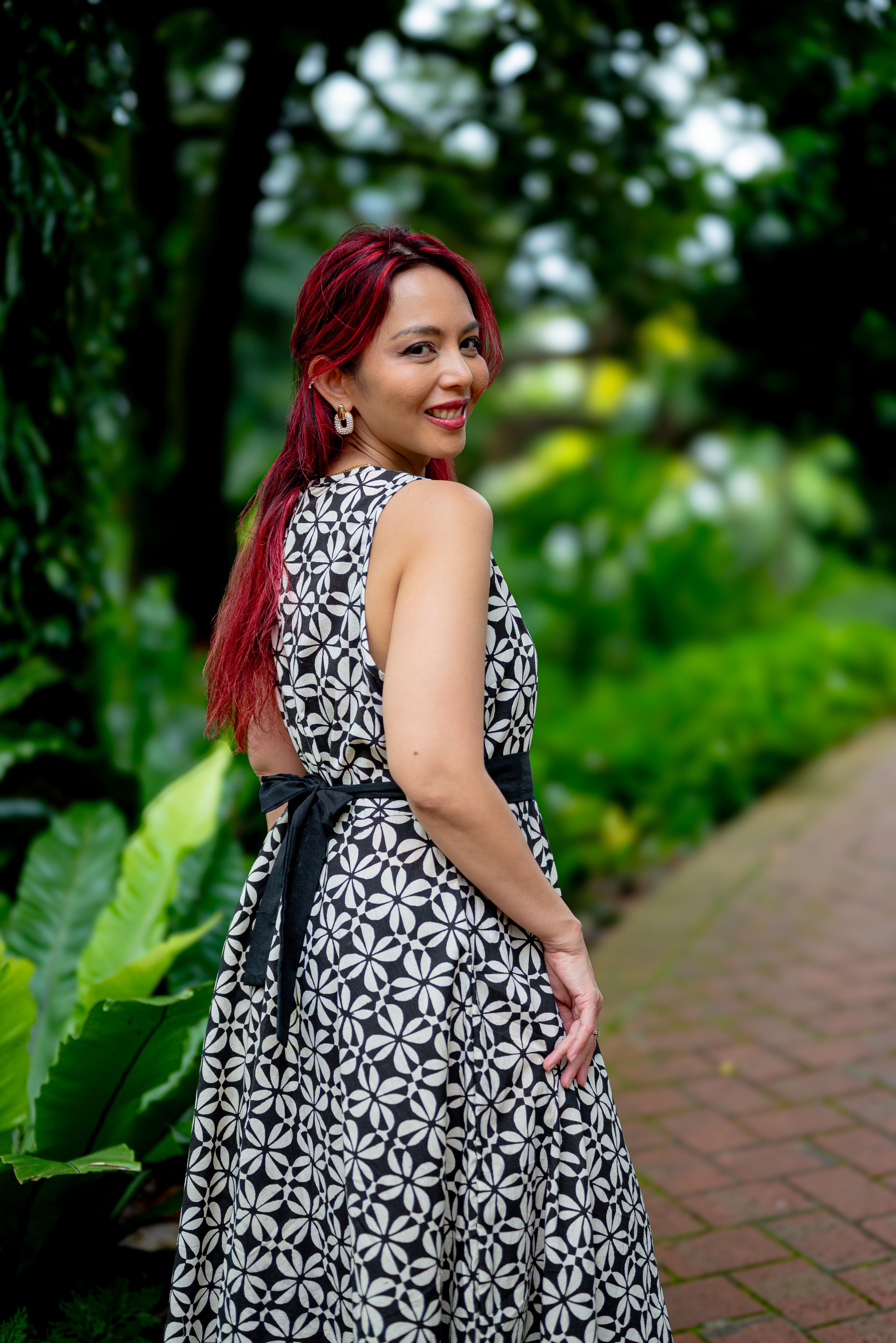 NIMBU | Elena Women's Flowy Dress with Belt in Black and White