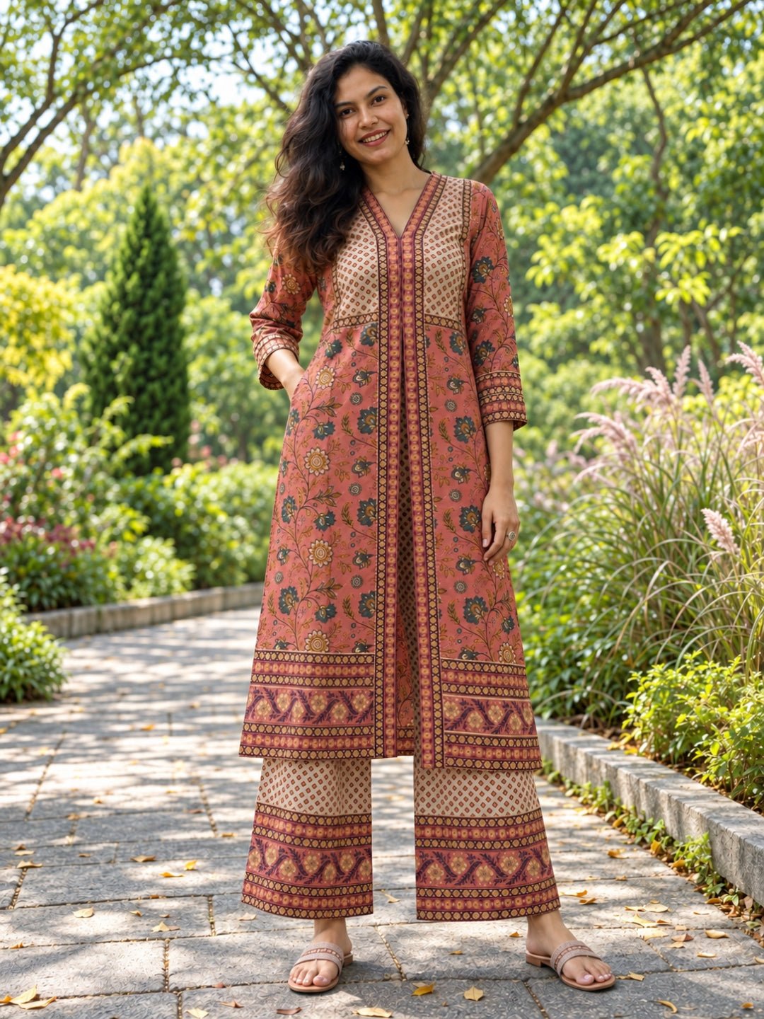 NIMBU | Zia Coral & Gold Women Kurti & Pants Set