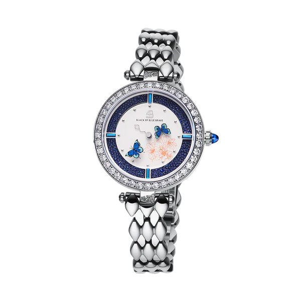 BLACK BY BLUE BRAVE | Butterfly Lovers 34mm Blue Dial Moving Butterfly Hands Silver Bracelet Watch
