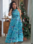 NIMBU | Eden Lagoon Women's Long Halter Dress in Turquoise in Muslin Cotton