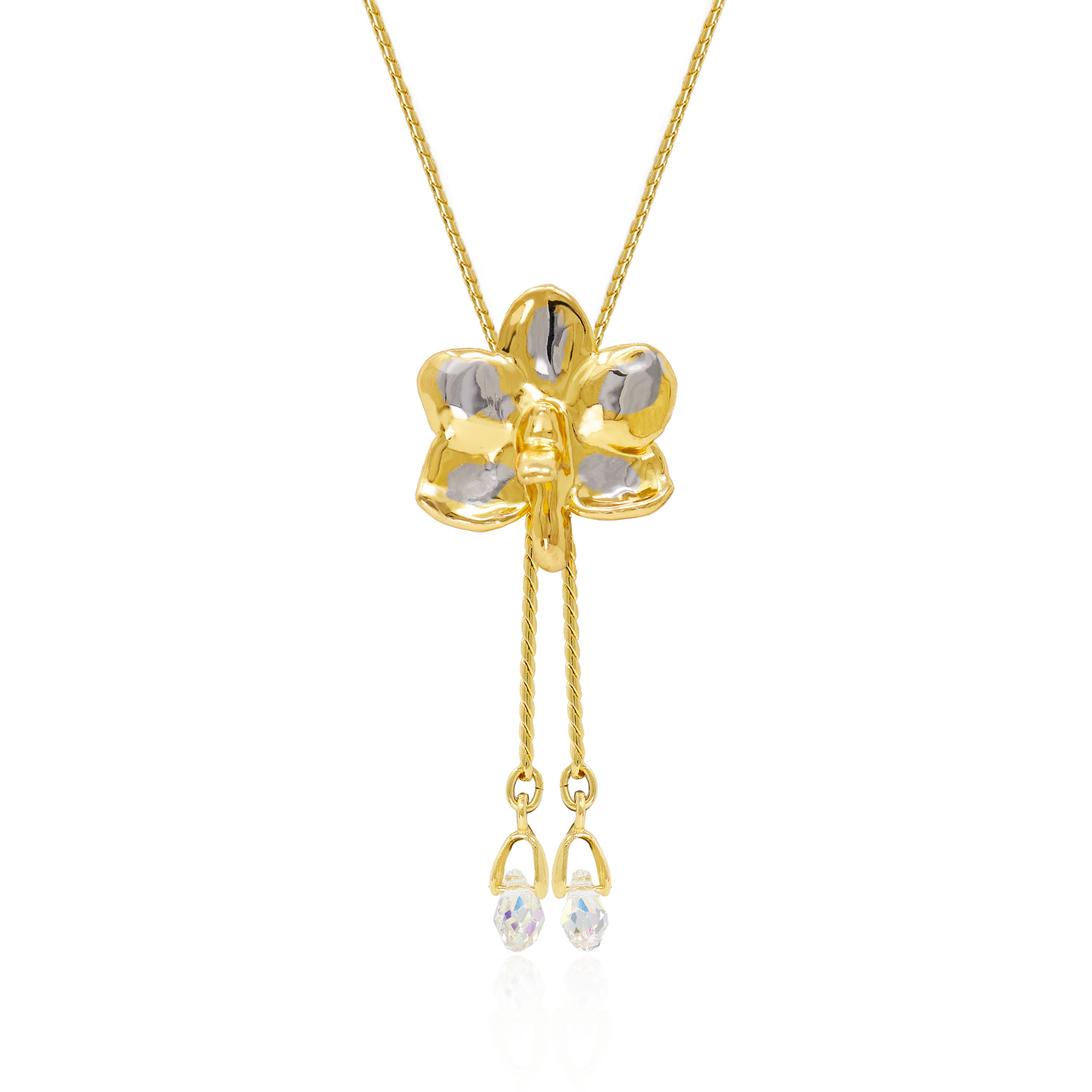 RISIS | Ascocenda Sagarik Gold Orchid Short Slider Necklace in Gold & Palladium with Crystal Tailends