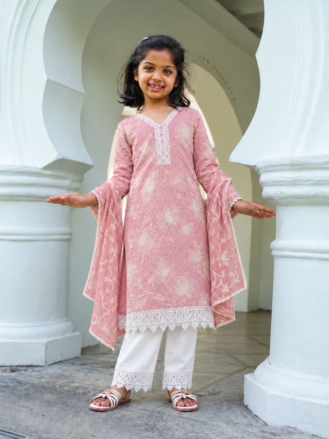 NIMBU | Anaya Pink Embroidered Girls Lace Kurti Pants With Dupatta