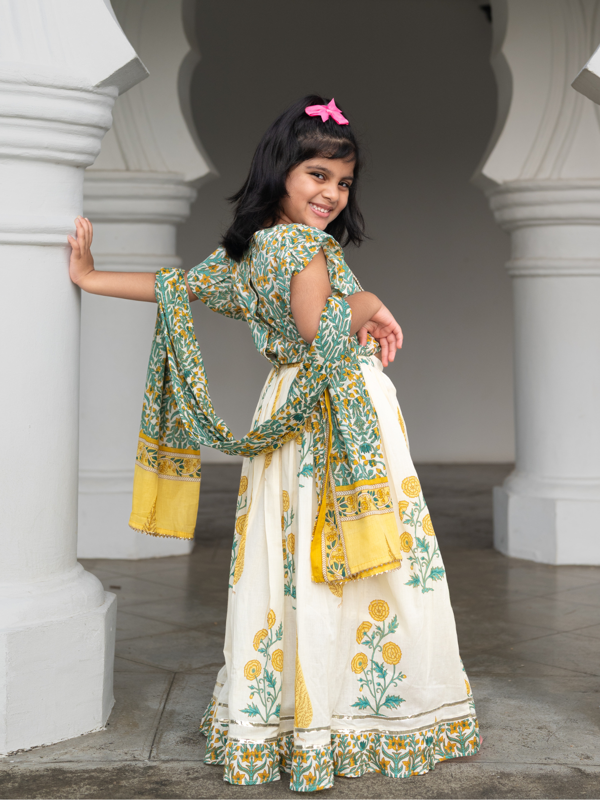 NIMBU | Mira Green Girls Lehenga Choli Skirt Top in Cotton
