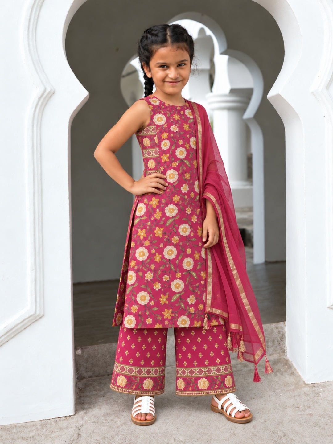 NIMBU | Vanya Ruby Pink Girls Kurti & Palazzo Set in Cotton
