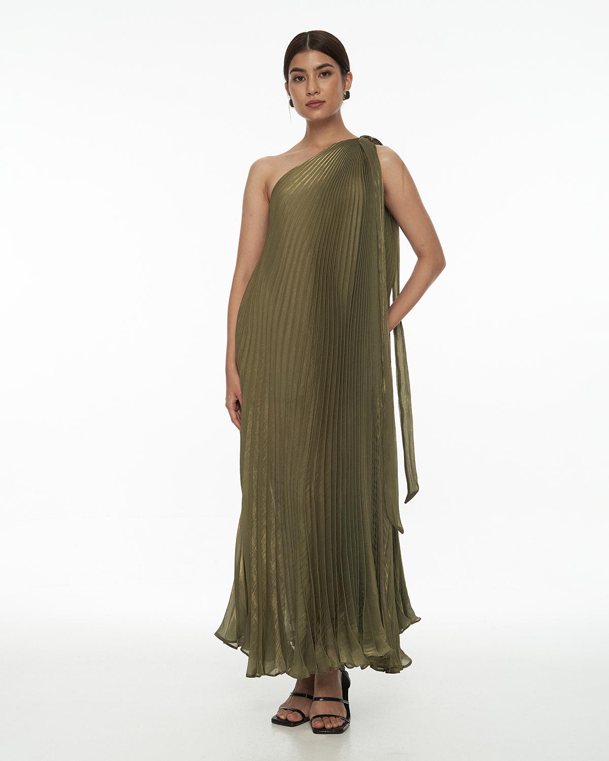DRESSINGPAULA | Pleated One Shoulder Maxi Dress