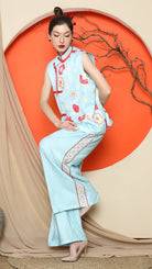 KANZI COLLECTION | Blue Cheongsam Floral Vest With Pant Set