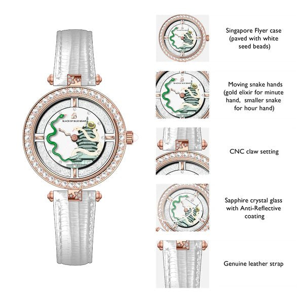 BLACK BY BLUE BRAVE | Snake Watch 34mm (White Dial with Moving Snake Hands and Leather Strap)