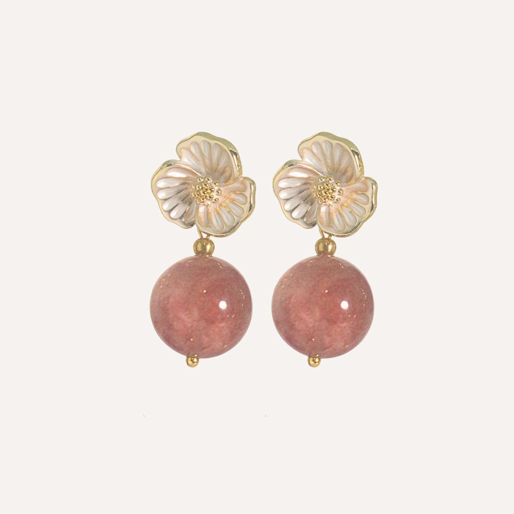 THE ANTECEDANT STORE | E - Statement Strawberry Quartz White Flower Earrings
