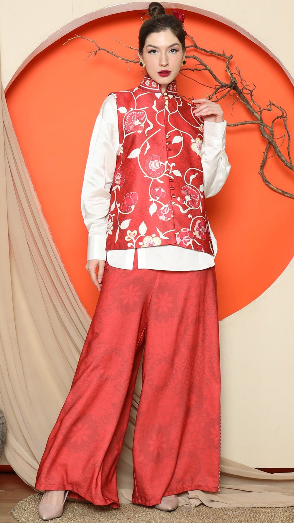KANZI COLLECTION | Red Floral Side Button Vest With Pants Set