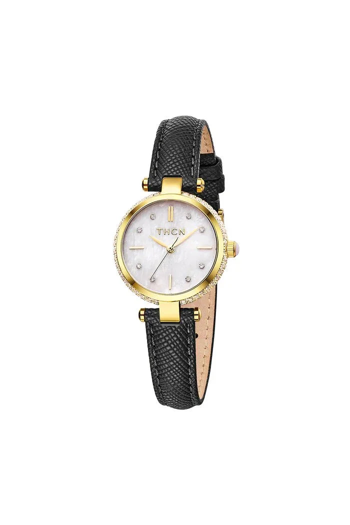 BLACK BY BLUE BRAVE | THCN T· I Mother-of-Pearl Dial Black Leather Strap Watch | Gold
