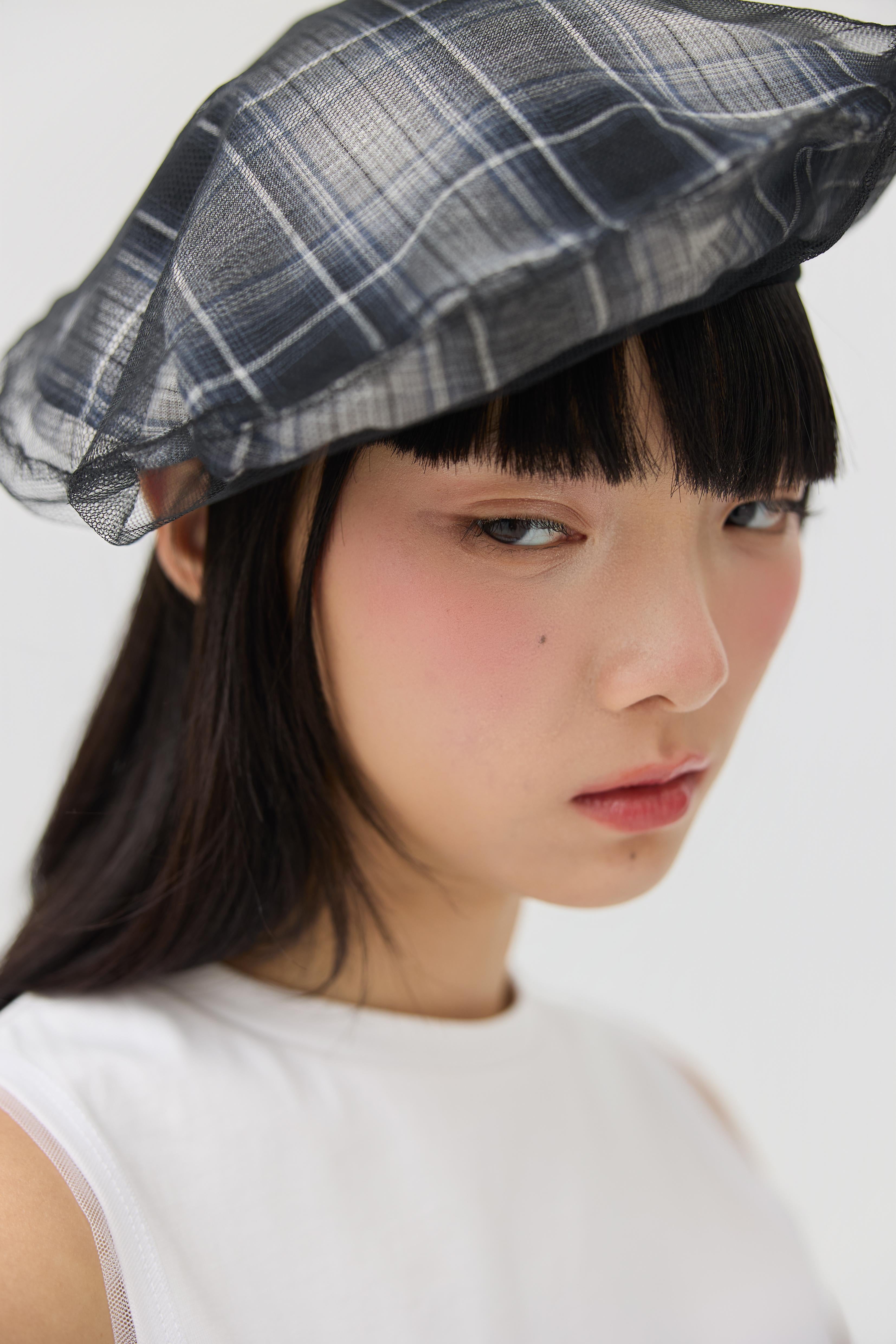 3EIGHTH | Kage Beret in Black Tartan Double Gauze