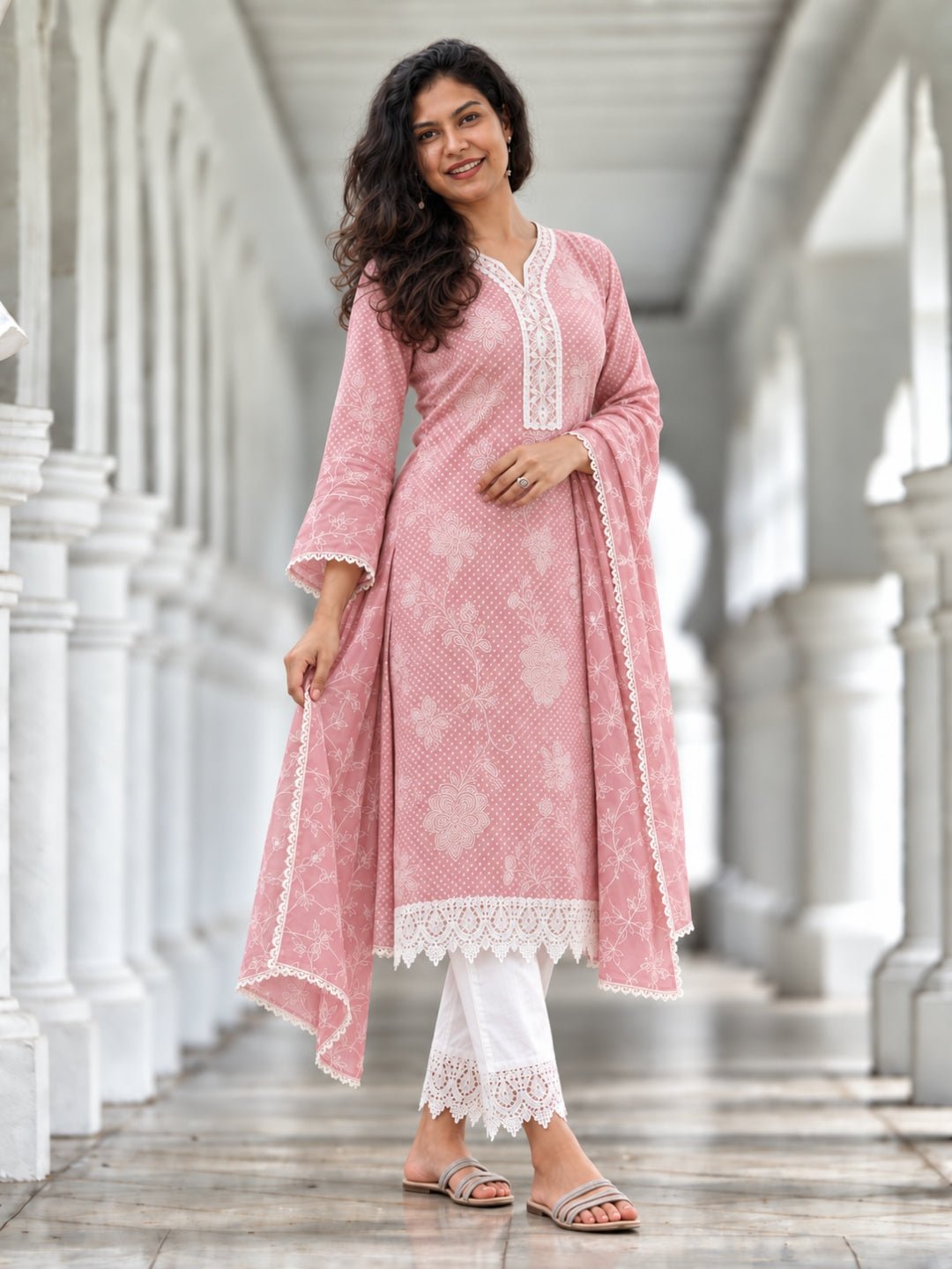 NIMBU | Anaya Pink Embroidered Women Lace Kurti Pants With Dupatta