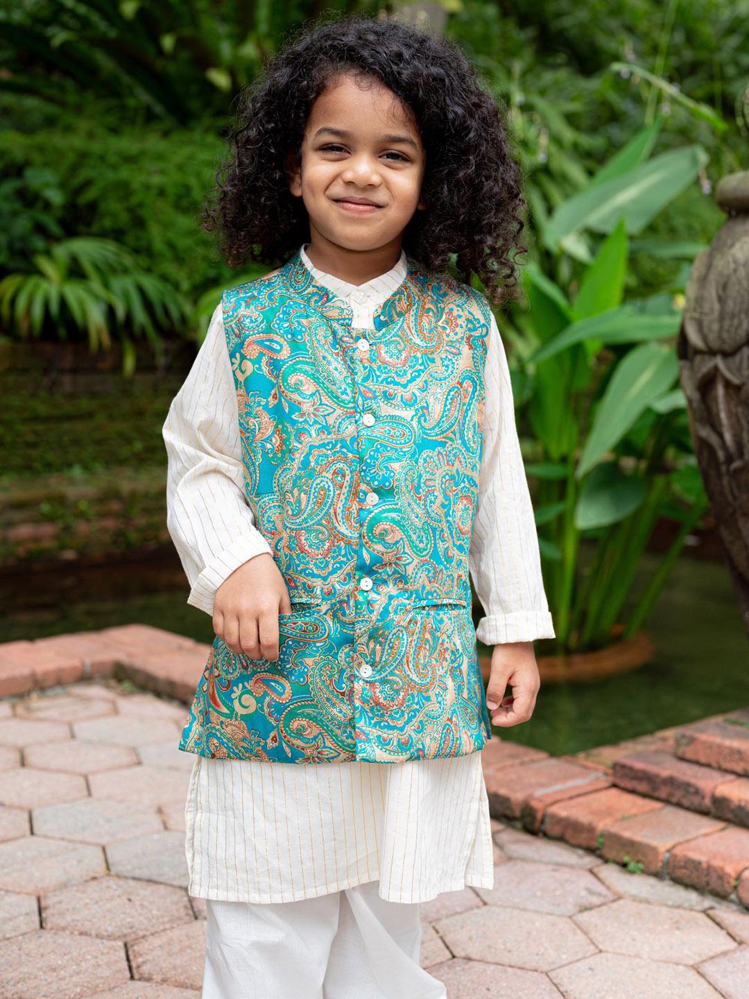 NIMBU | Shan Boys Muslin Cotton Kurta Pajama Jacket Set In Green Paisley