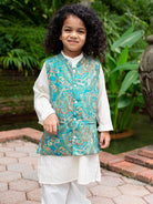 NIMBU | Shan Boys Muslin Cotton Kurta Pajama Jacket Set In Green Paisley