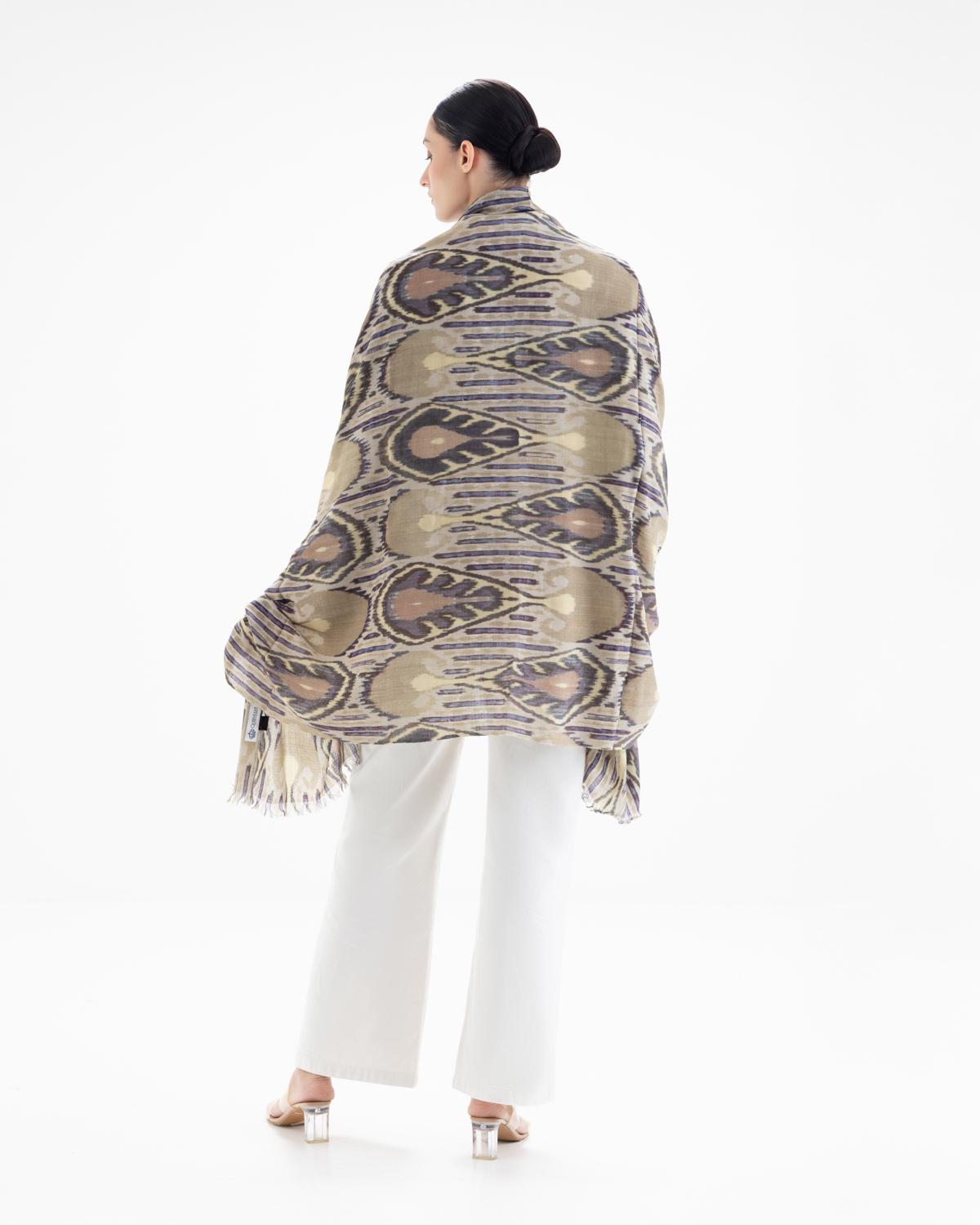 QUEENMARK | AN Patola Ikat Print Beige Blue Stripes