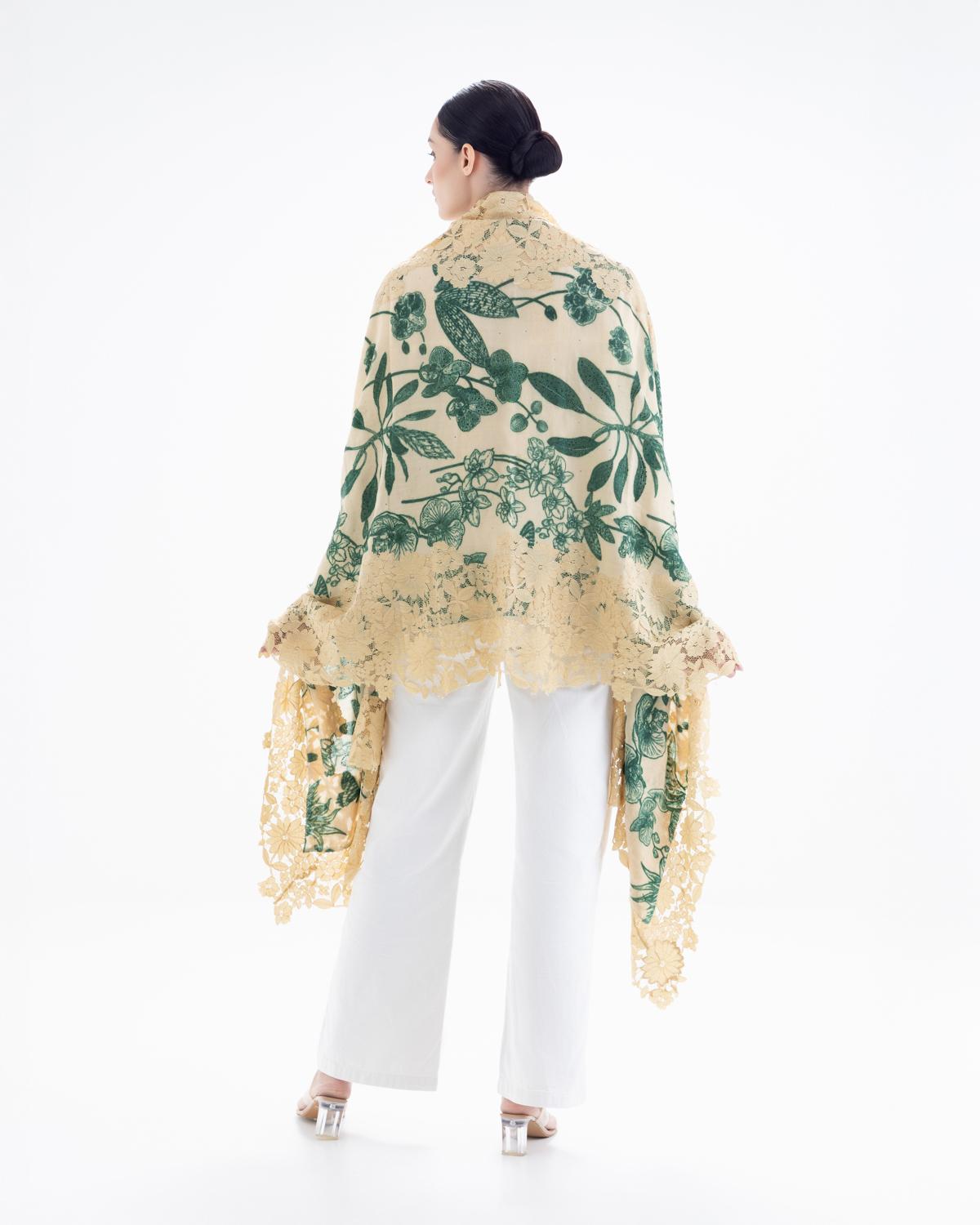 QUEENMARK | AN Assorted Lace Print Crystal Shawl Light Beige Green Flower