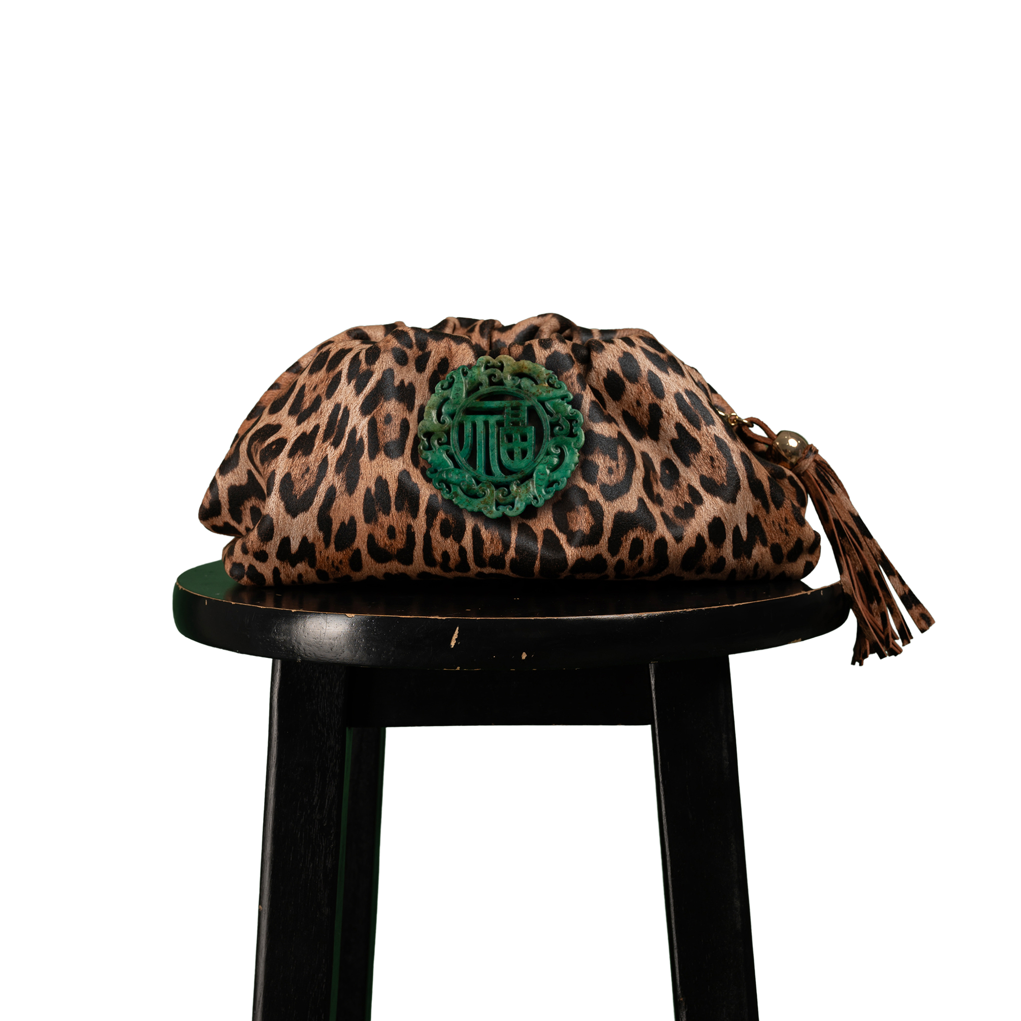 DESTI SAINT | Nzuri Patty Pouch | Leopard Print Leather w Green Jade Stone Ingot