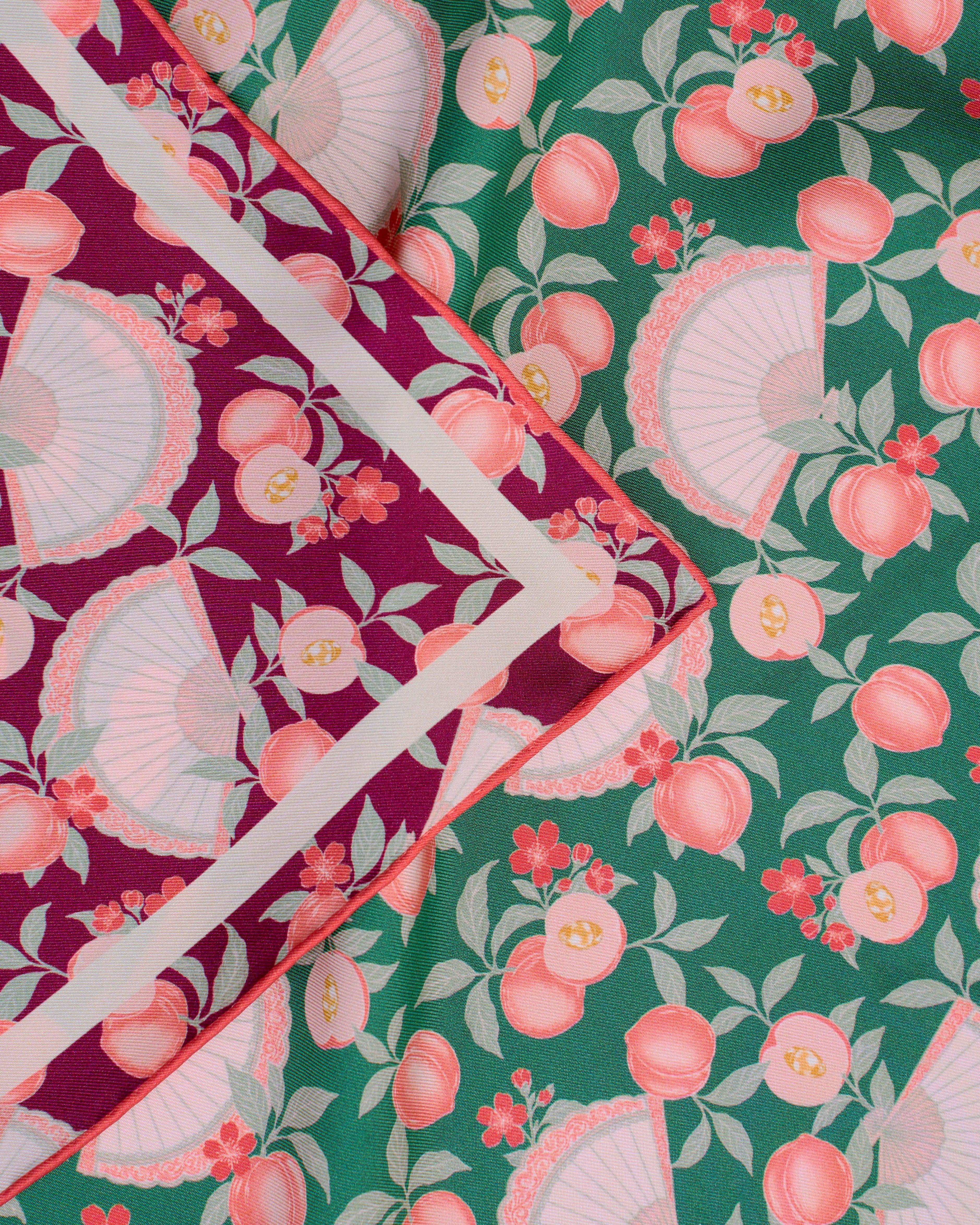 STUDIO QILING | Golden Peaches Emerald Wine Double Side Silk Scarf 100