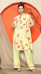 KANZI COLLECTION | Yellow Vest Kimono Jacquard Floral Pant Set