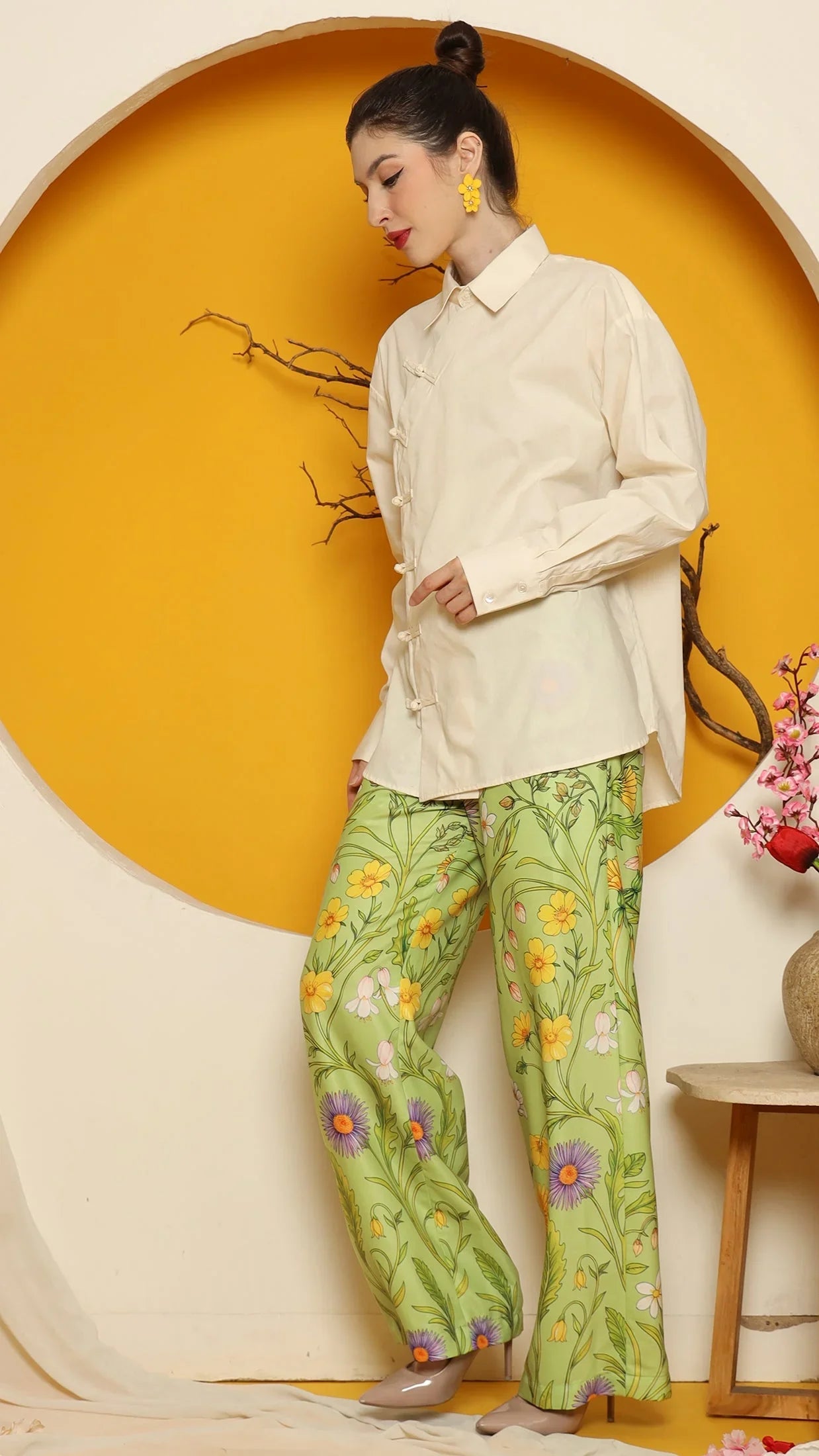 KANZI COLLECTION | Cheongsam Shirt With Green Flower Pants Set