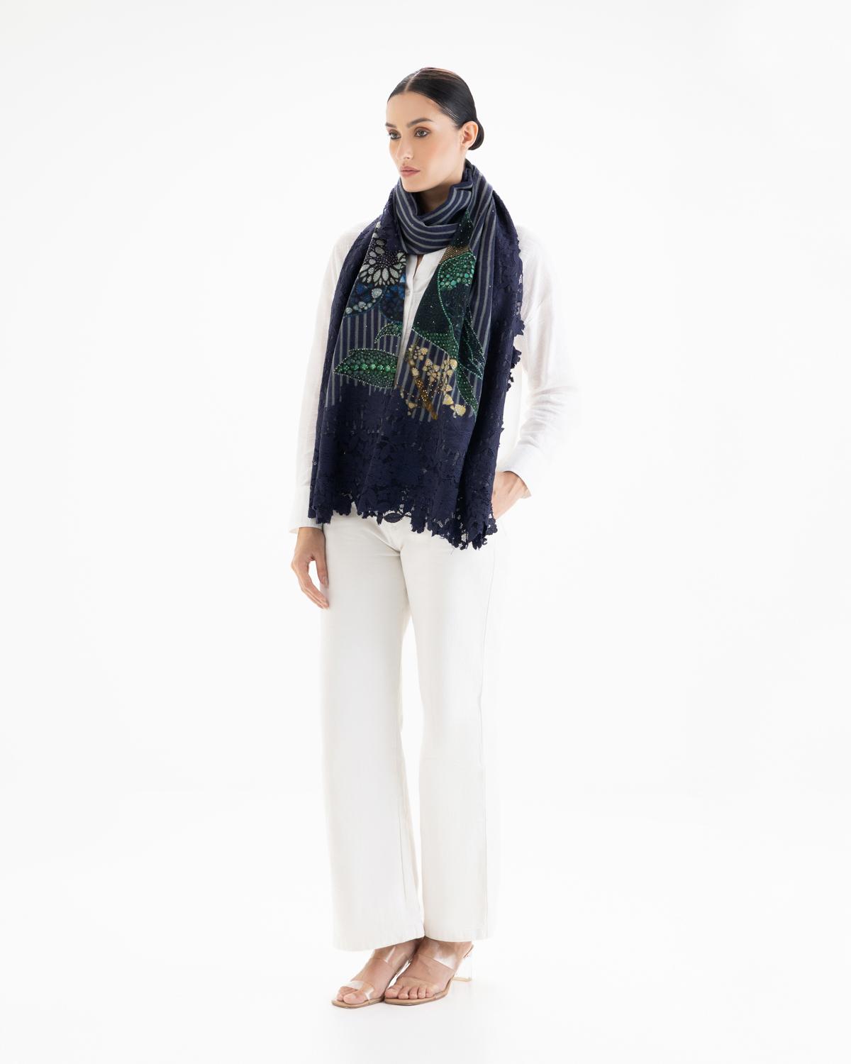 QUEENMARK | AN Assorted Lace Print Crystal Shawl Dark Blue Blue Bird 2