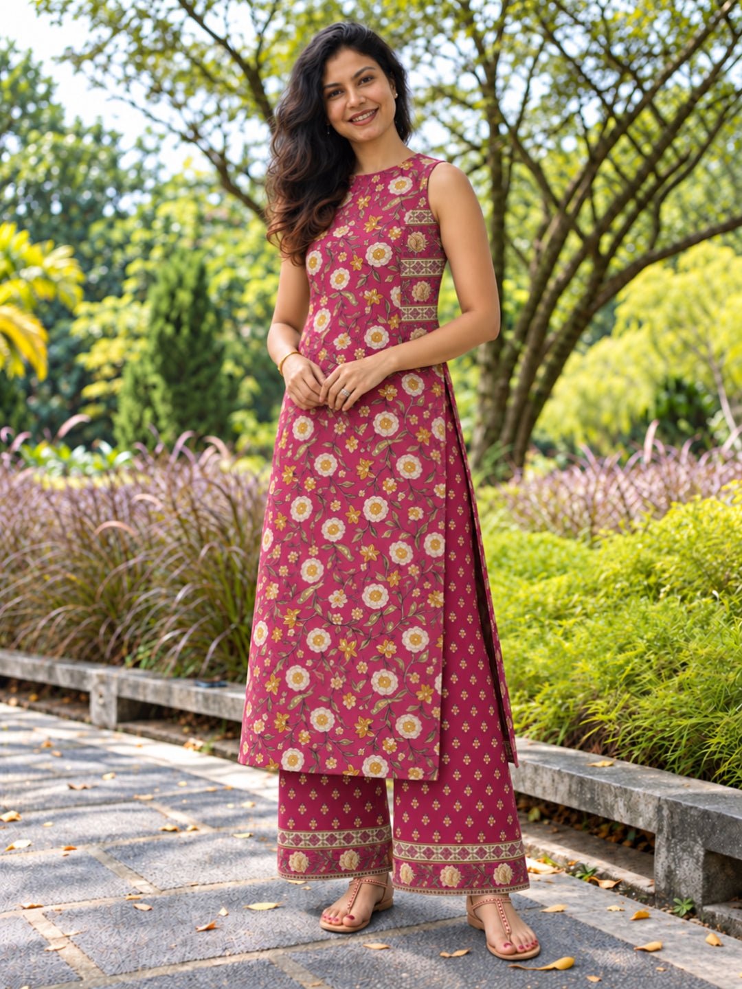 NIMBU | Vanya Ruby Pink Women Kurti & Palazzo Set in Cotton