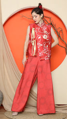KANZI COLLECTION | Red Cheongsam Floral Vest With Floral Pants Set