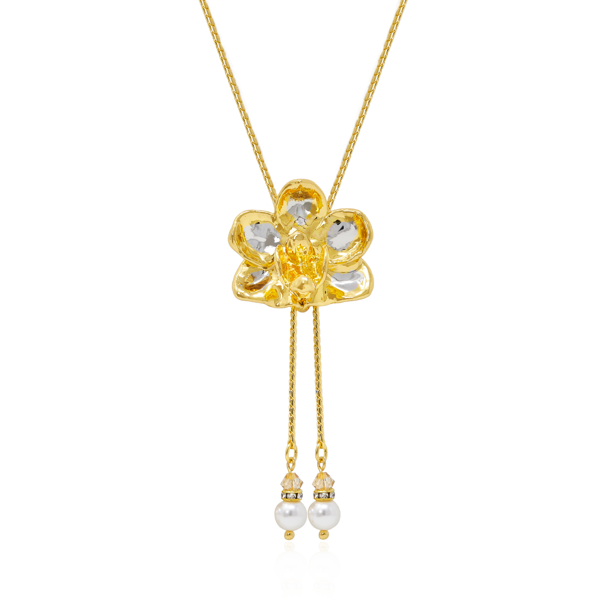 RISIS | Doritaenopsis Purple Gem Orchid Short Slider Necklace in Gold & Palladium with Pearl Tailends
