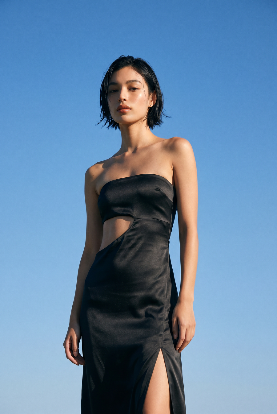 HÁI THE LABEL | Second Skin Satiny | Strapless Cut-Off Maxi Dress | Onyx Black