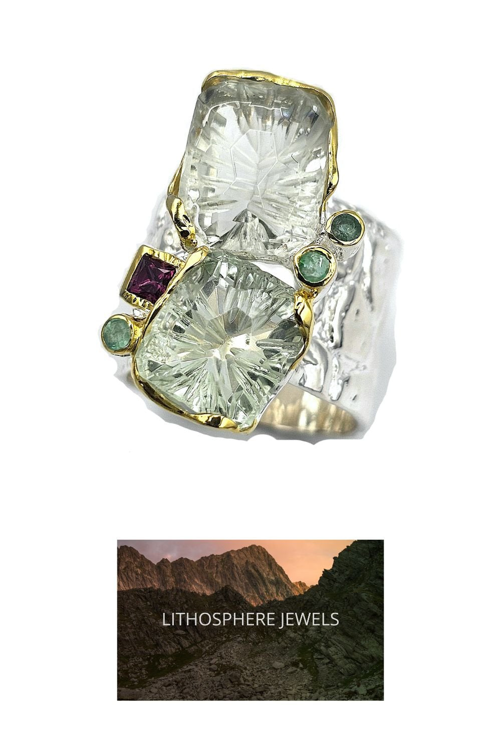 CREATIVE JEWELLERY STUDIO | Pink & Green Tourmaline, Amethyst "Landscape", Rhodium Plated 925 Silver Ring | Lithosphere Jewels
