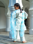 NIMBU | Gul Blue Girls Kurti With Pants Set In Cotton With Net Dupatta