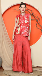KANZI COLLECTION | Red Cheongsam Floral Vest With Floral Pants Set