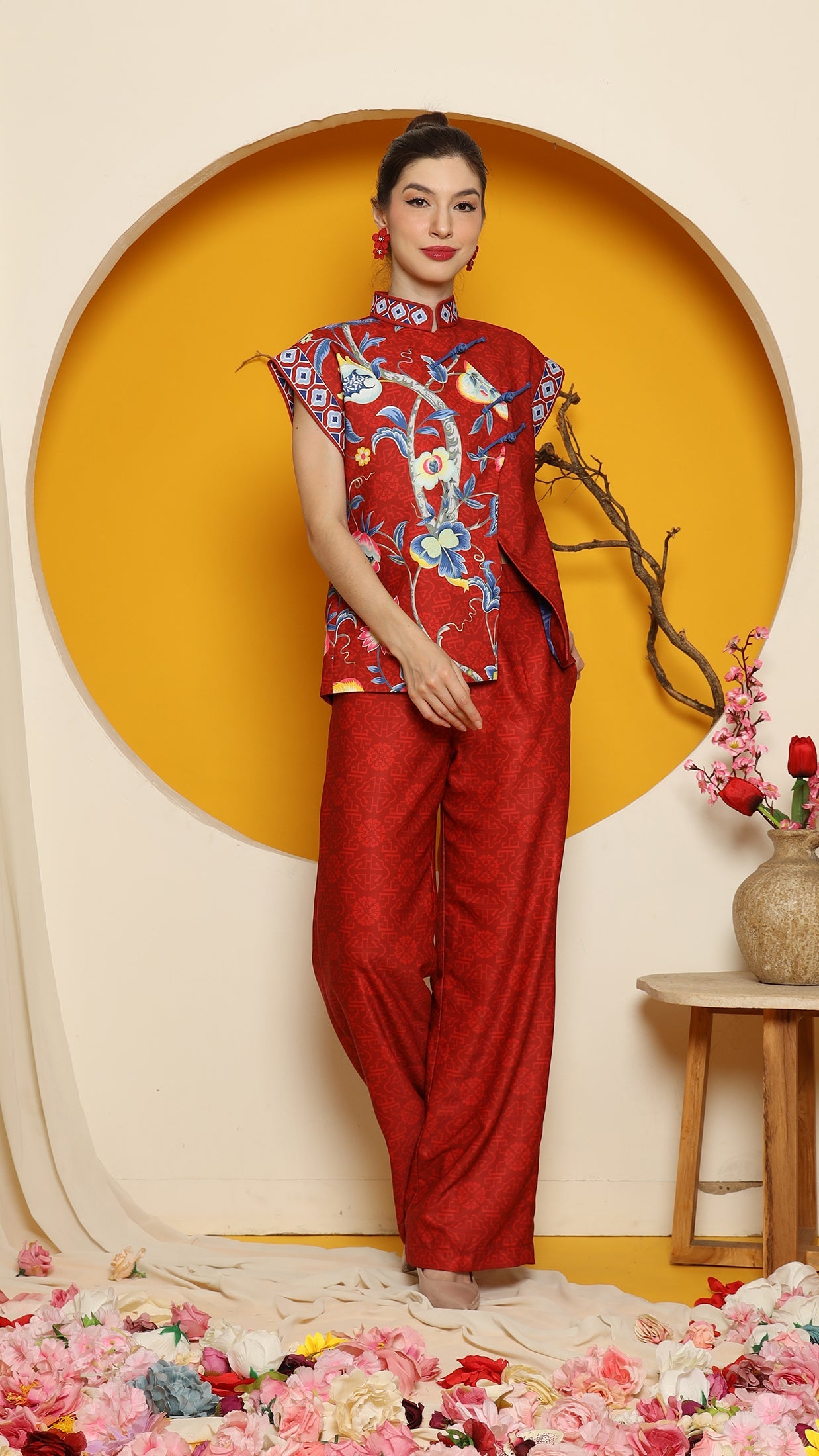 KANZI COLLECTION | Red Cheongsam Flower Vest With Pant Set