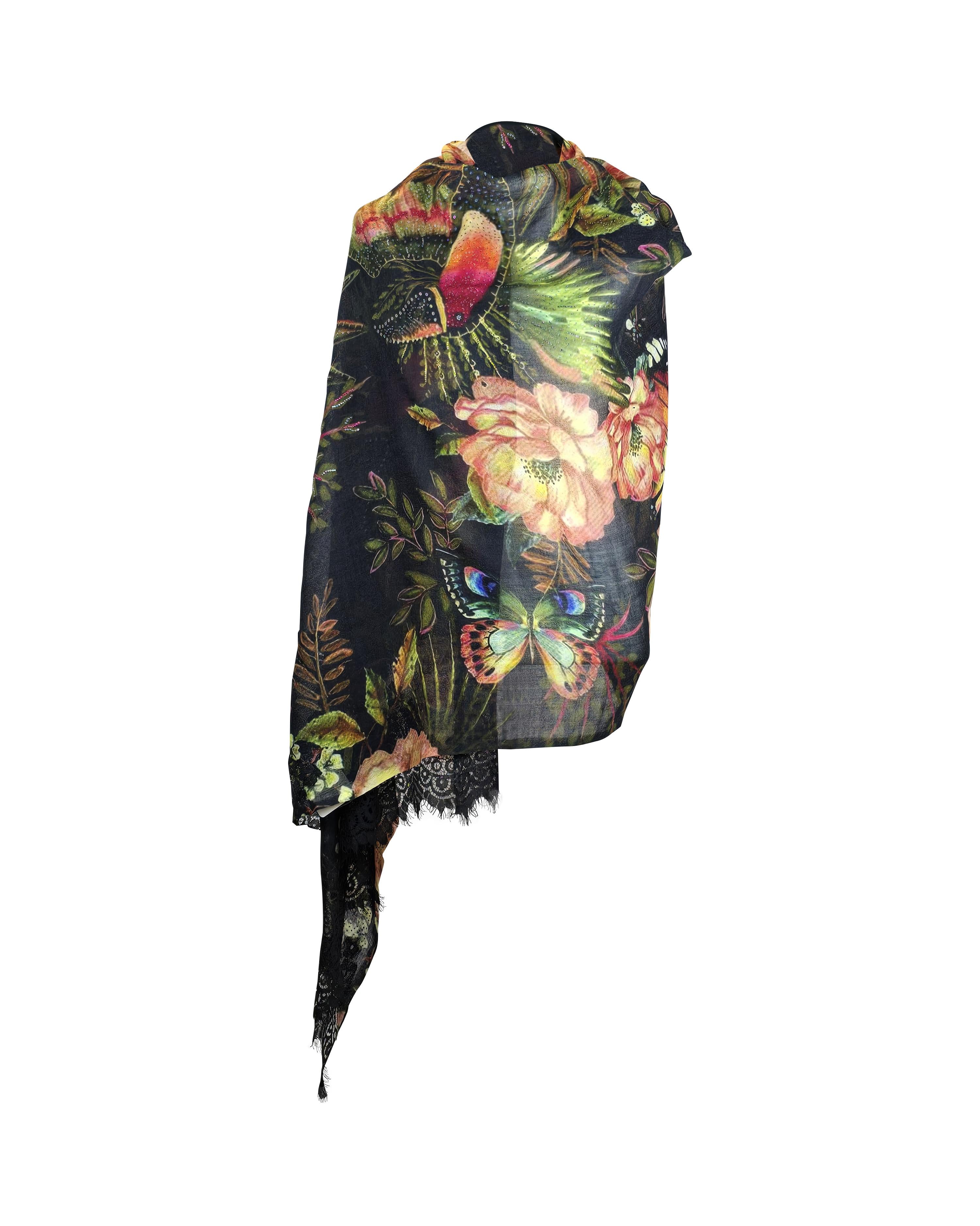 QUEENMARK | AN Printed Shawl 2024 Assorted Black Butterfly Flower
