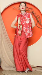 KANZI COLLECTION | Red Cheongsam Floral Vest With Floral Pants Set