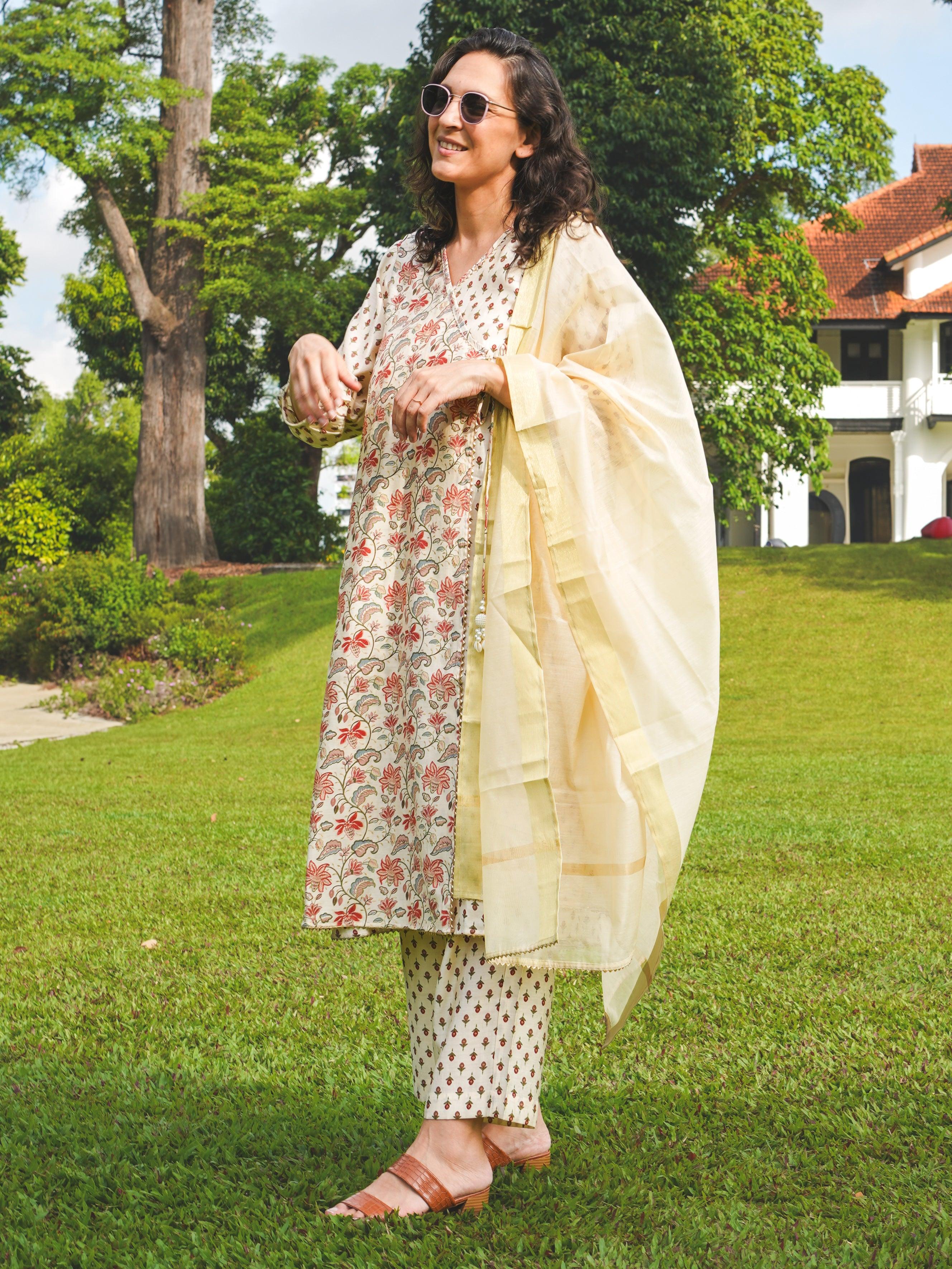 NIMBU | Nia Womens Pearl White Floral Angarkha Kurti & Salwar With Dupatta Set In Muslin Cotton