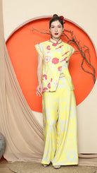 KANZI COLLECTION | Yellow Cheongsam Floral Vest With Wide Leg Pant Set