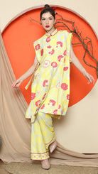 KANZI COLLECTION | Yellow Vest Kimono Jacquard Floral Pant Set