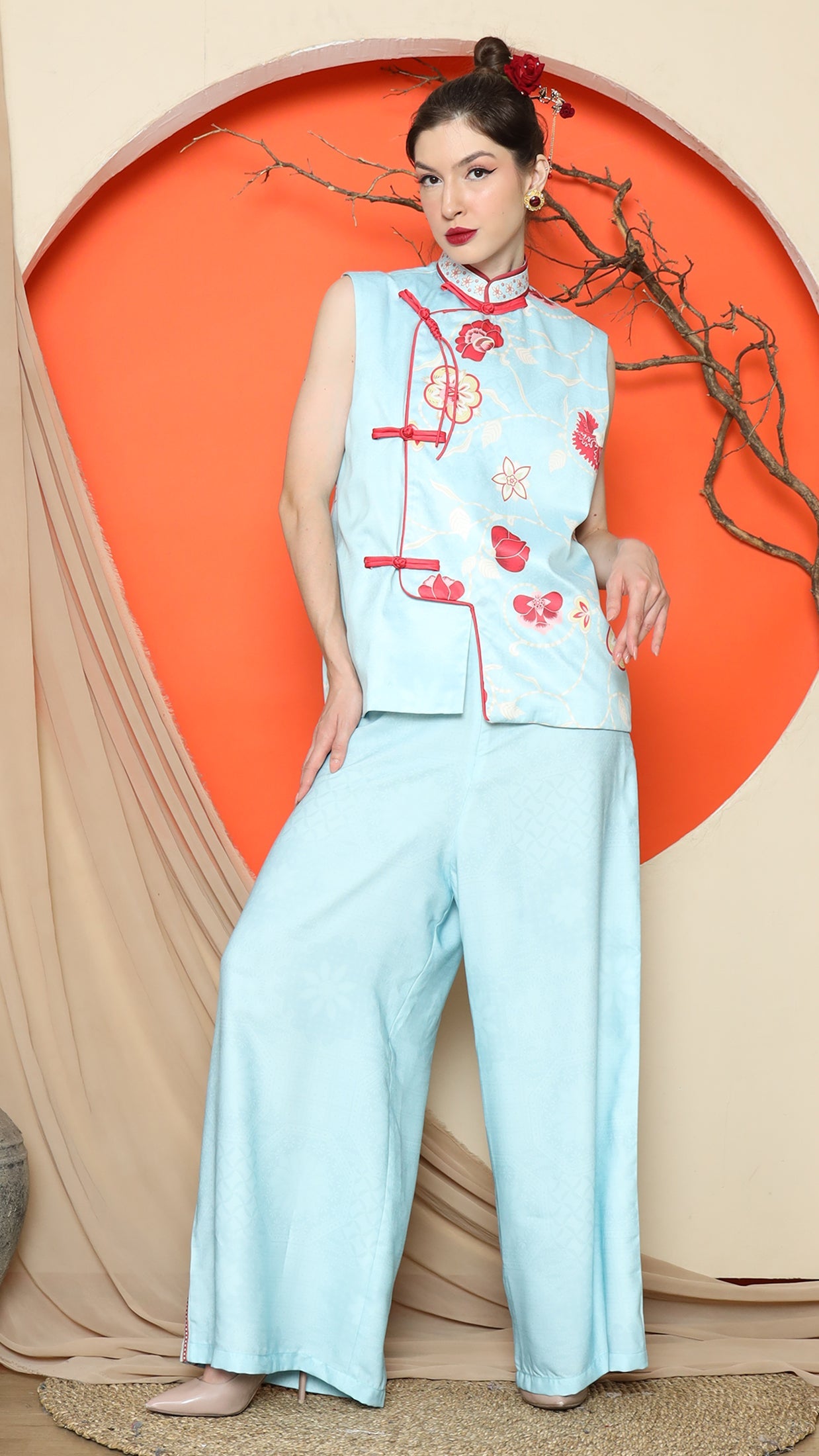KANZI COLLECTION | Blue Cheongsam Floral Vest With Pant Set