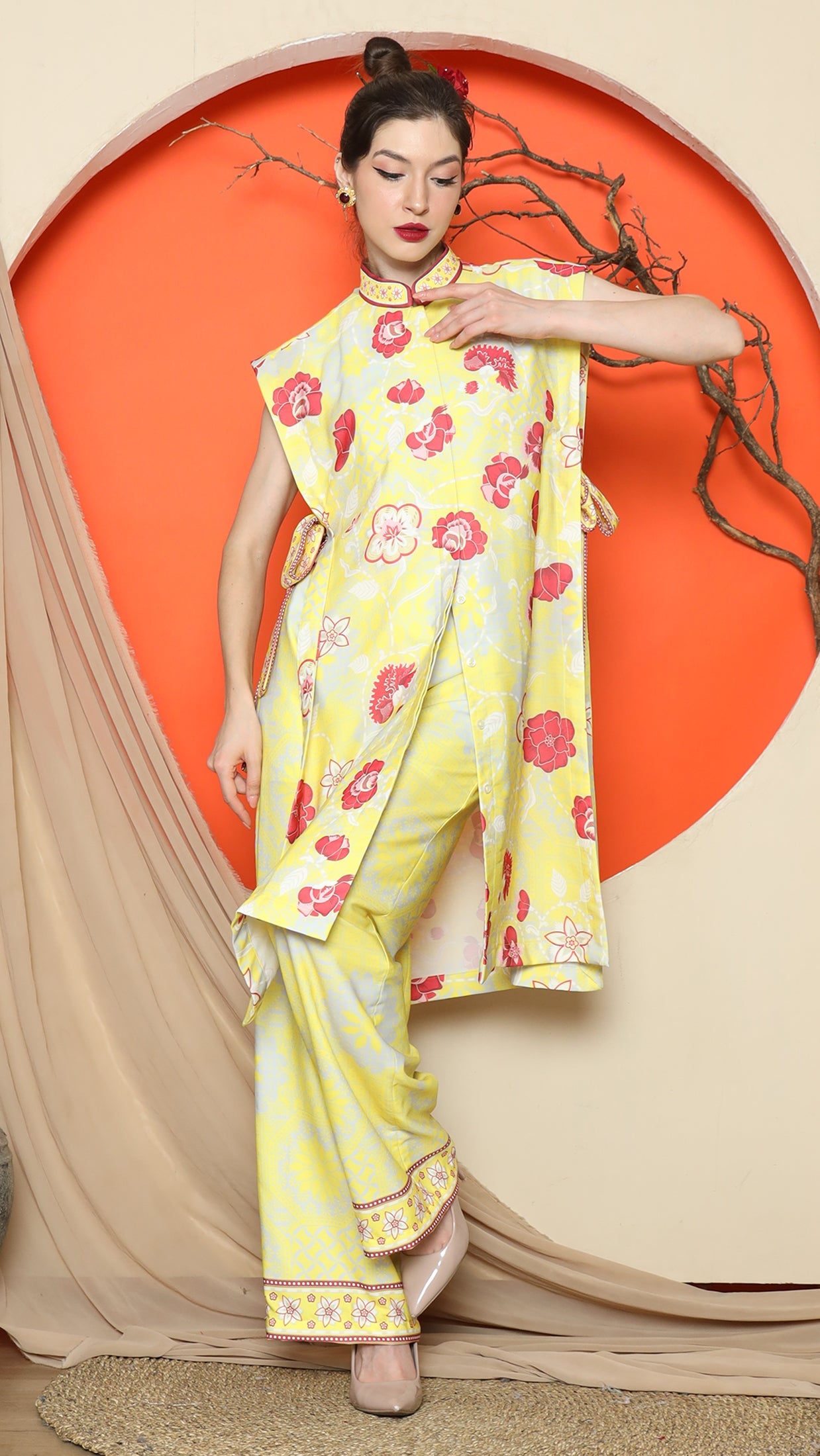 KANZI COLLECTION | Yellow Vest Kimono Jacquard Floral Pant Set