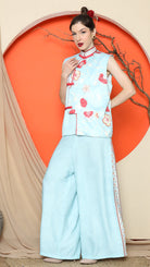 KANZI COLLECTION | Blue Cheongsam Floral Vest With Pant Set