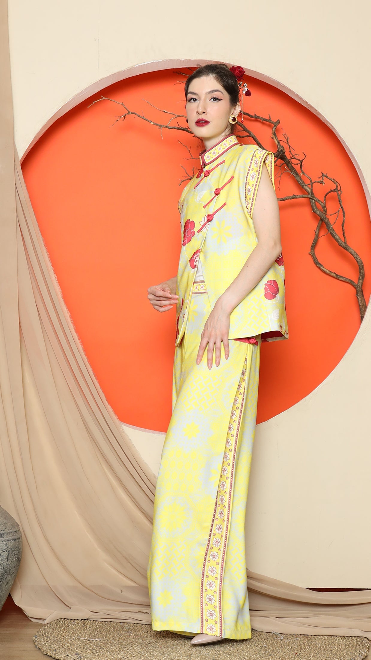 KANZI COLLECTION | Yellow Cheongsam Floral Vest With Wide Leg Pant Set