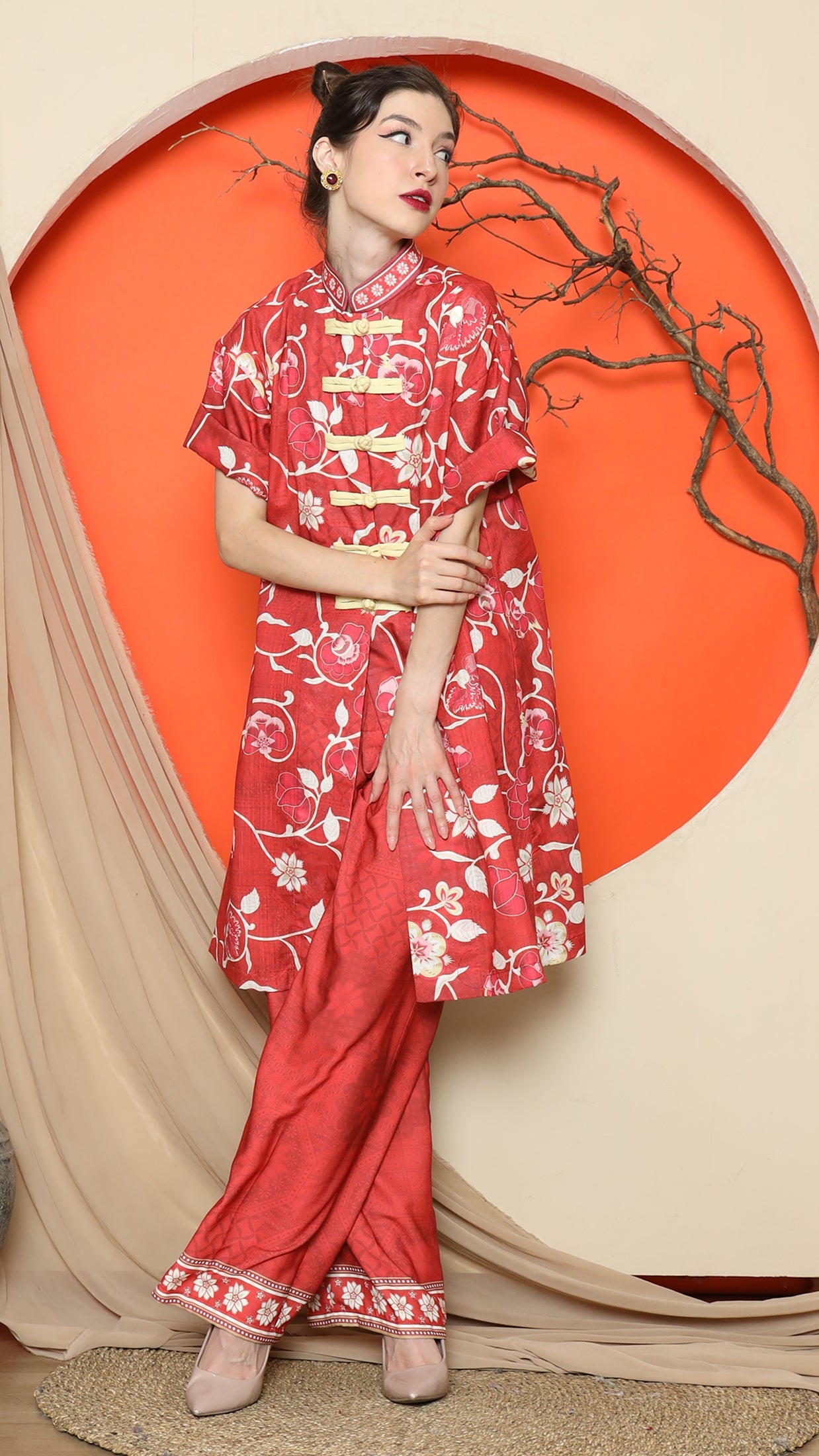 KANZI COLLECTION | Red Floral Cheongsam Pant Set
