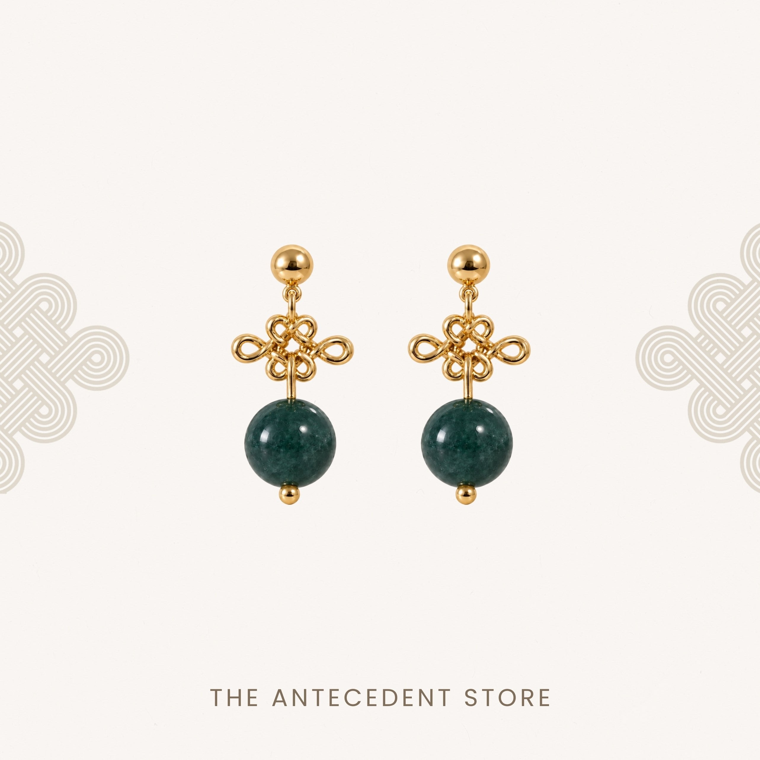 THE ANTECEDENT STORE | Auspicious Ruyi Knot With Green Agate Earrings